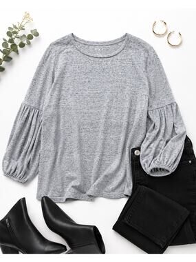 LOFT Gray Marled Bell Sleeve Top Size Medium Soft Knit Boho Casual